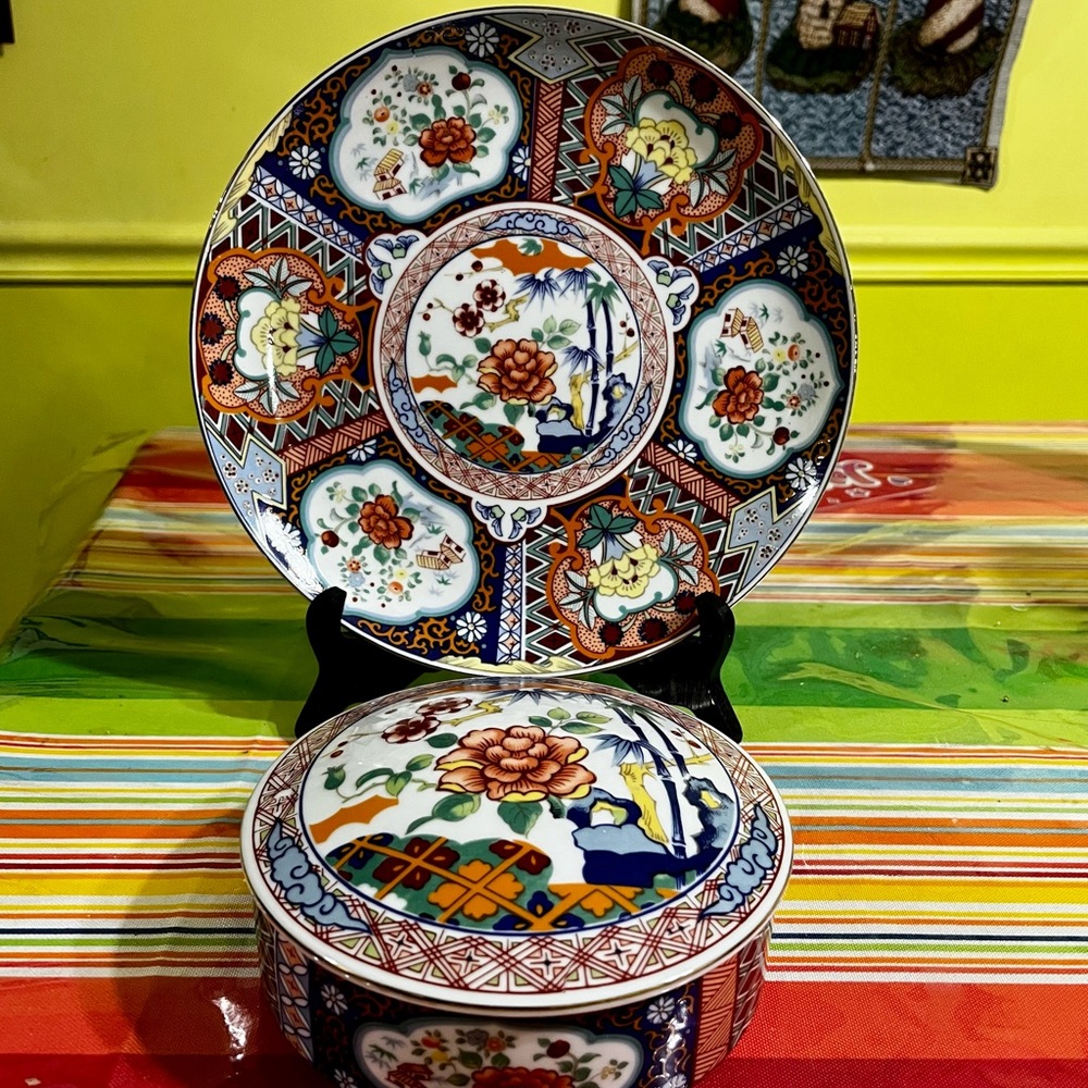 Vintage Imari ware Floral Plate & Porcelain Covered Bowl Trinket Dish with Lid